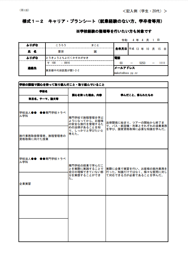 様式１－２　キャリア・プランシート（就業経験のない方、学卒者等用）（学生・20代）_記入例27