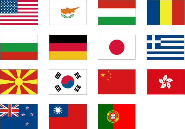 アメリカ、キプロス、ハンガリー、ルーマニア、ブルガリア、ドイツ、日本、ギリシャ、マケドニア、韓国、中国、香港、ニュージーランド、台湾、ポルトガル